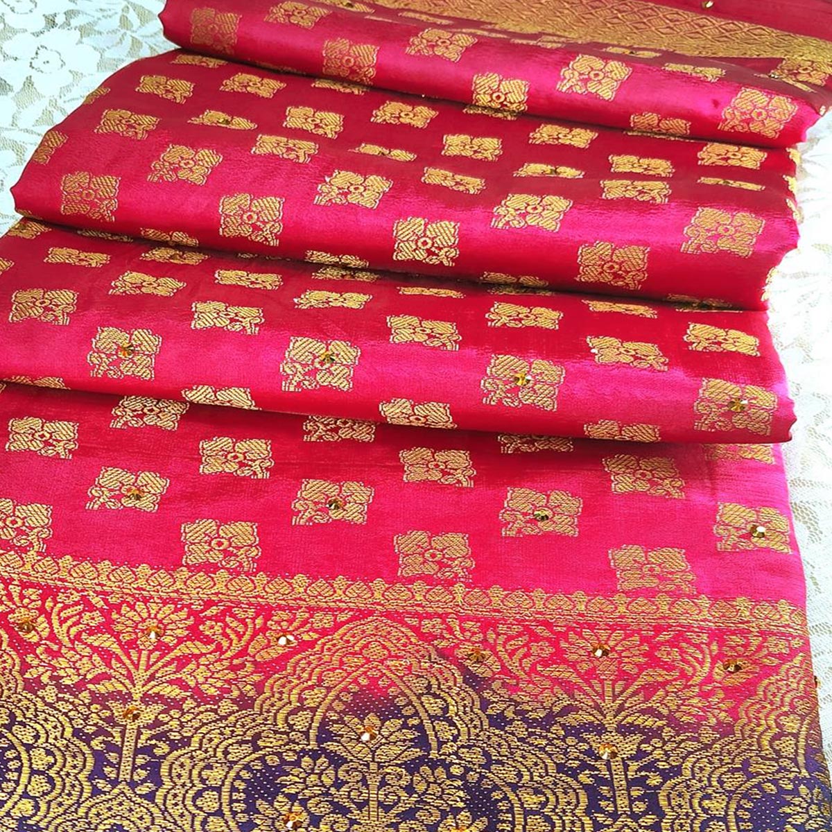 Pink Woven With Stone Work Banarasi Silk Saree