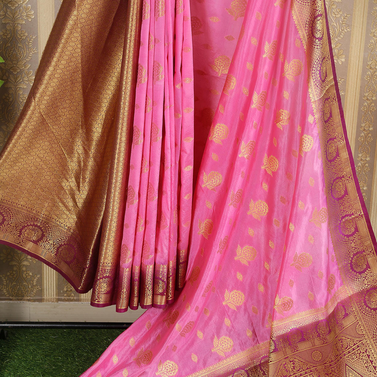 Pink Floral Woven Banarasi Silk Saree