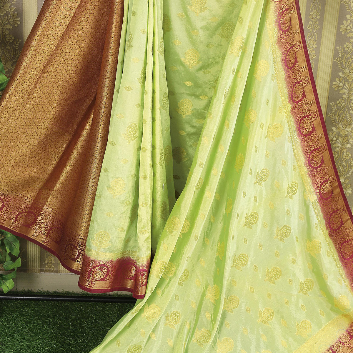 Pista Green Floral Woven Banarasi Silk Saree