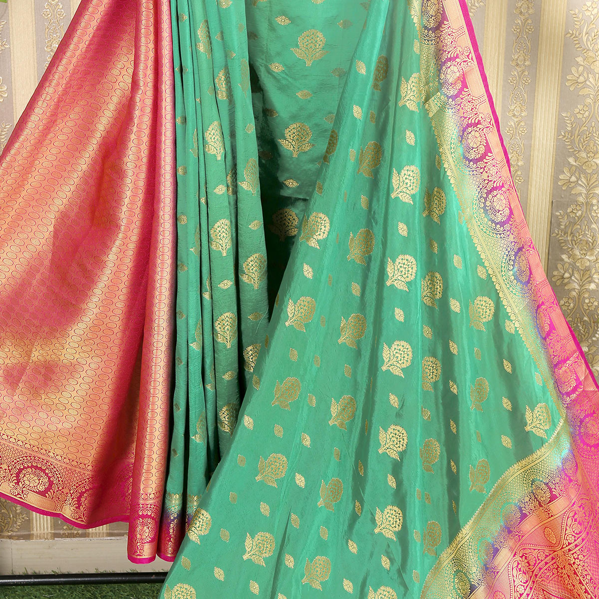 Rama Green Floral Woven Banarasi Silk Saree