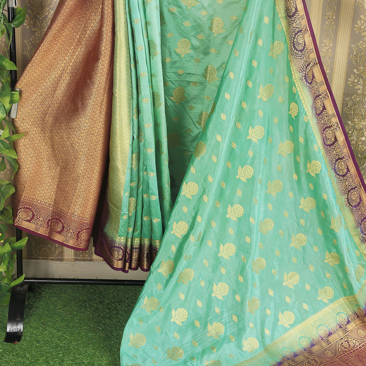 Sea Green Floral Woven Banarasi Silk Saree