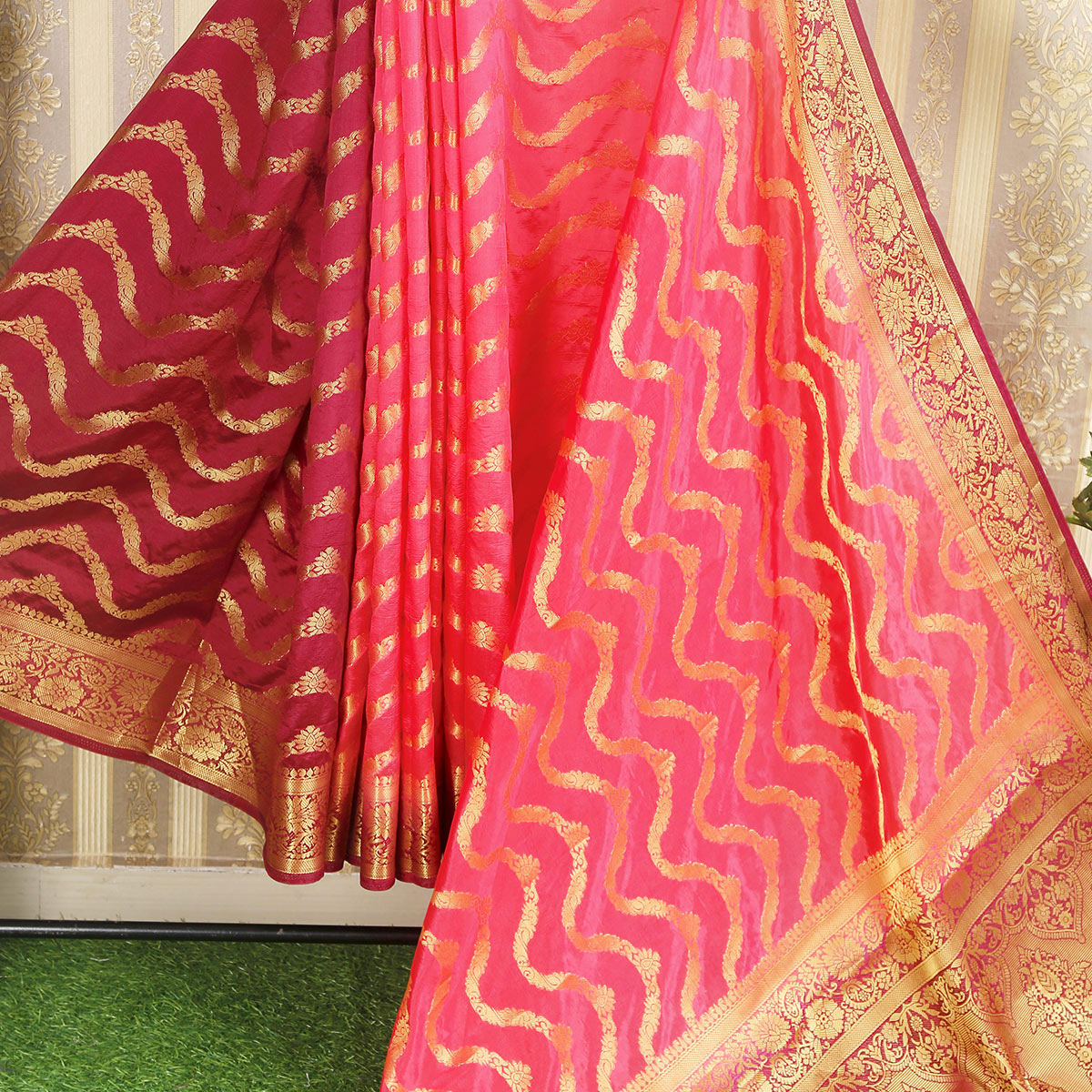 Pink Floral Woven Banarasi Silk Saree