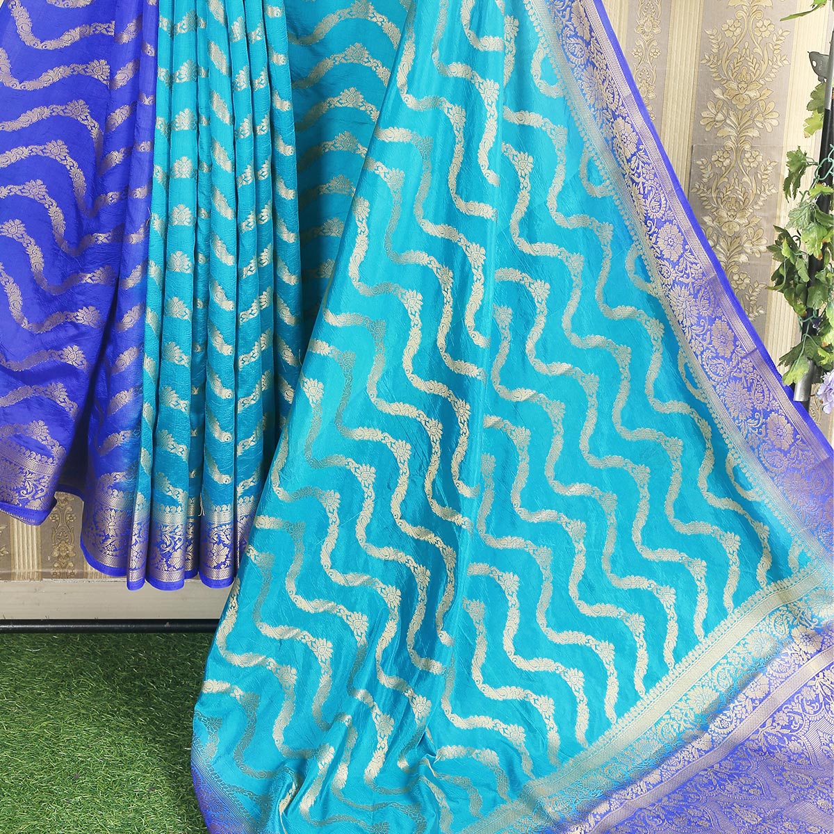 Blue Floral Woven Banarasi Silk Saree