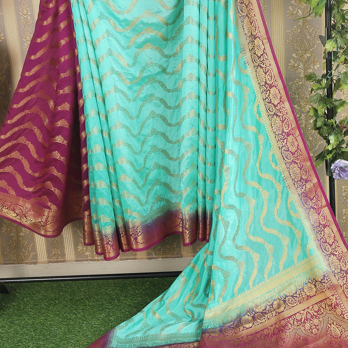 Turquoise Floral Woven Banarasi Silk Saree