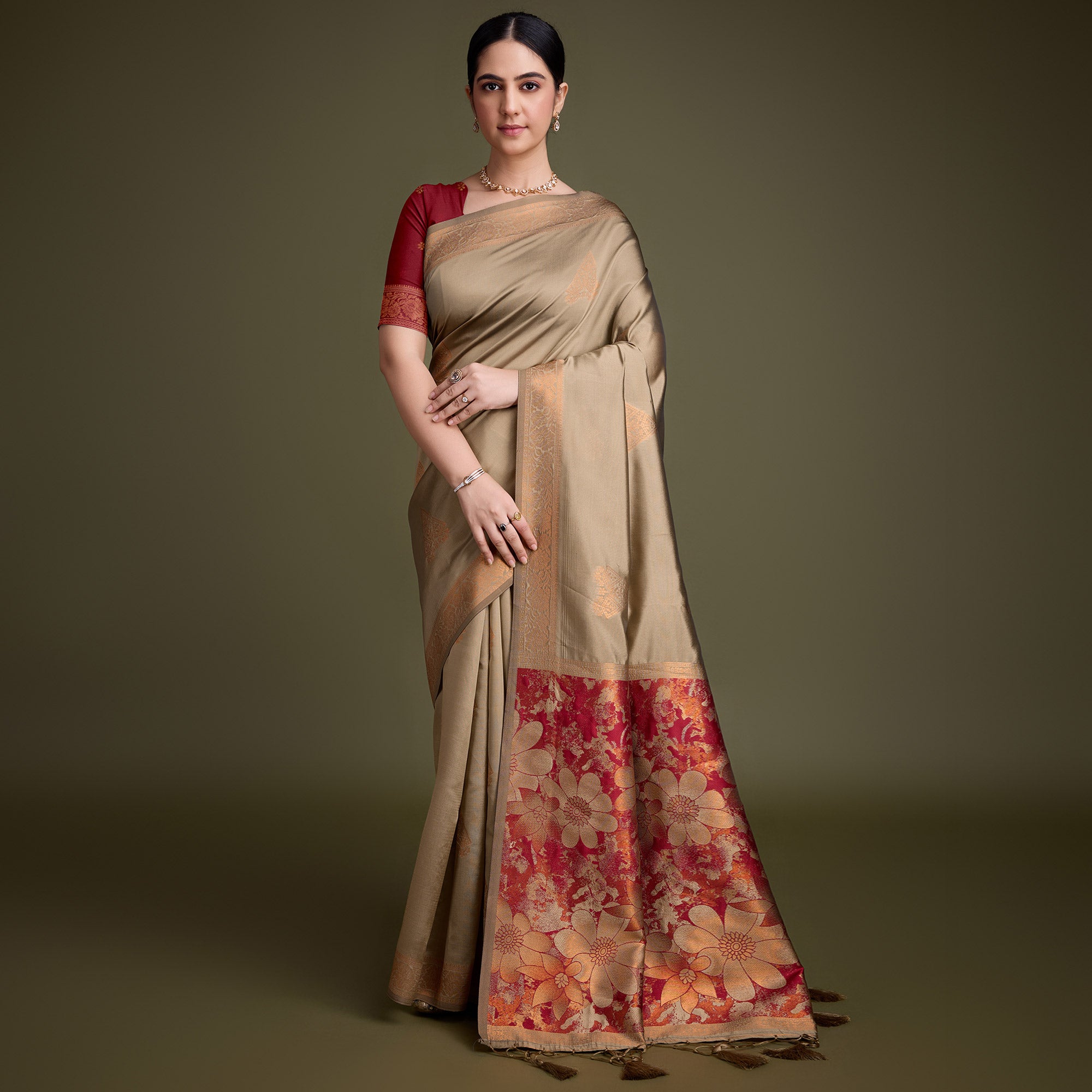 Chikoo Floral Woven Banarasi Silk Saree