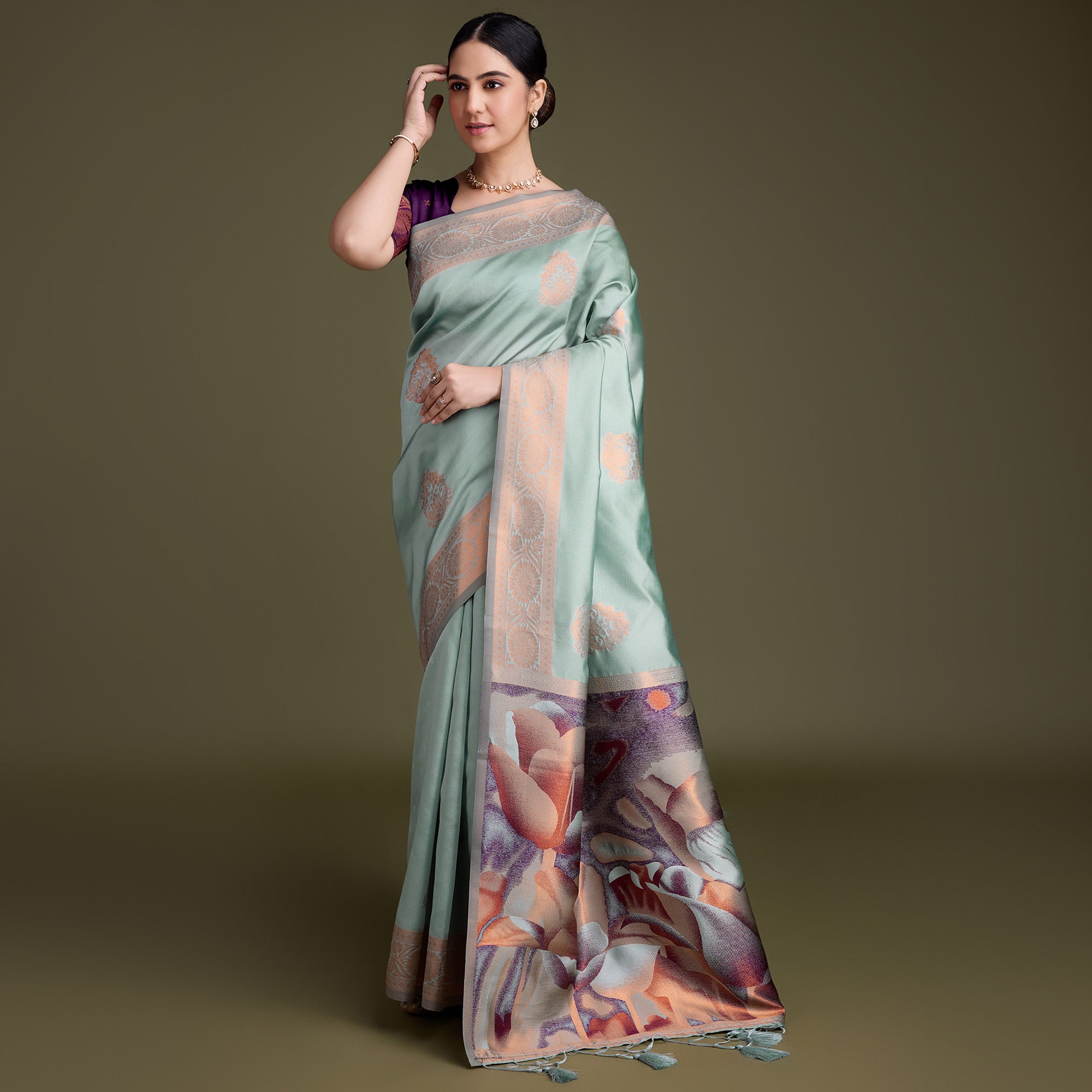 Sea Green Floral Woven Banarasi Silk Saree