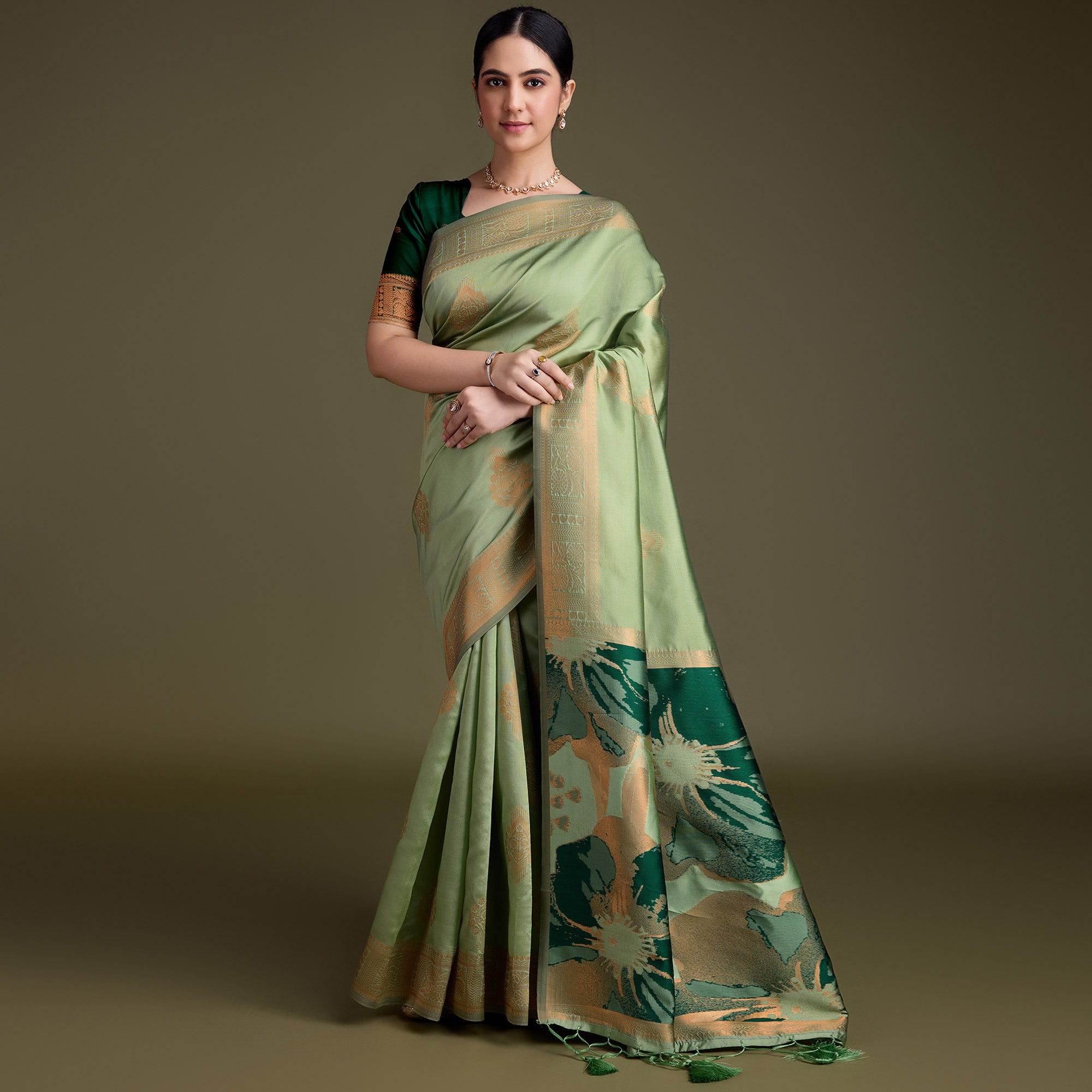 Green Floral Woven Banarasi Silk Saree