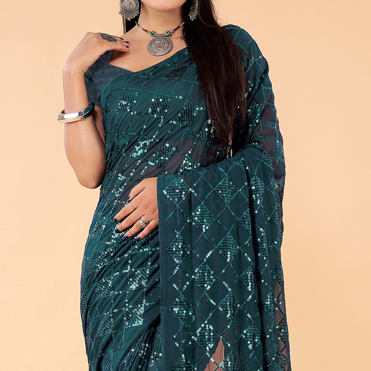 Teal Green Sequins Embroidered Georgette Saree