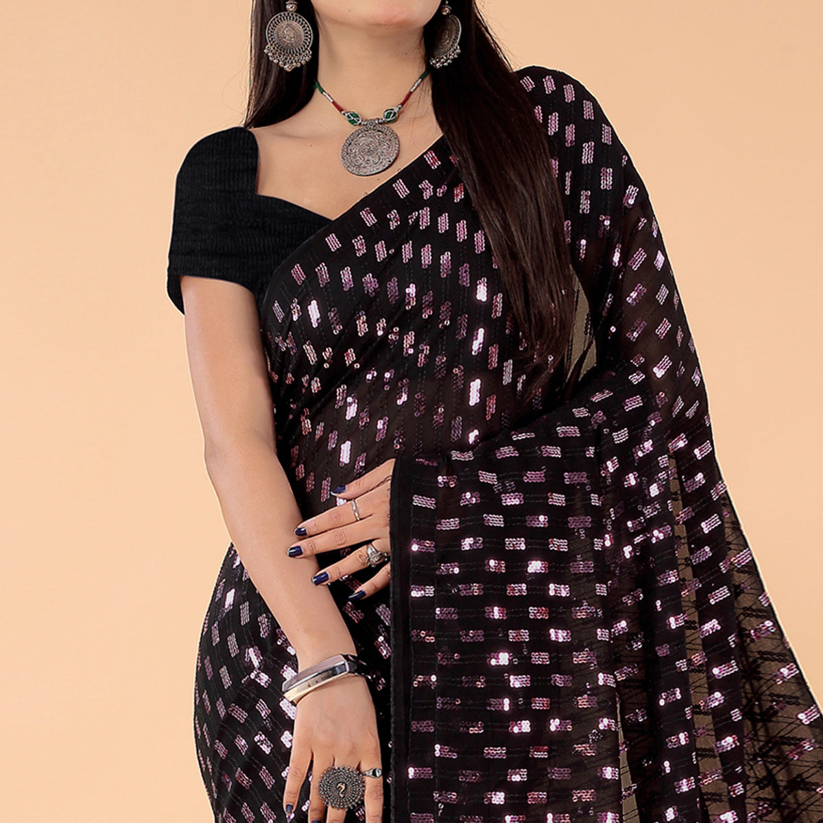 Black Sequins Embroidered Georgette Saree