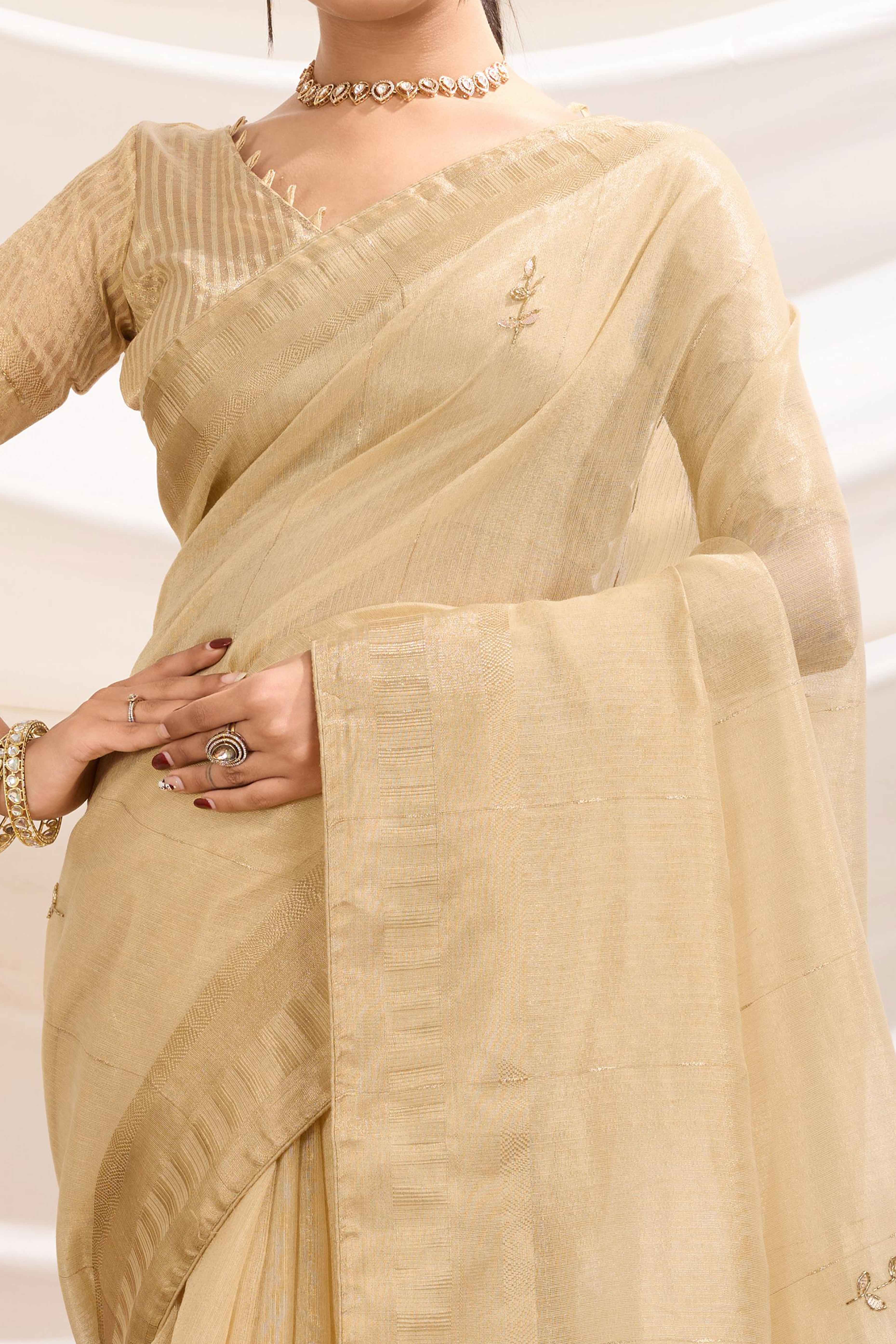 Chikoo Linen Tissue Saree With Hand-Stitched Moti & Cutdana Work