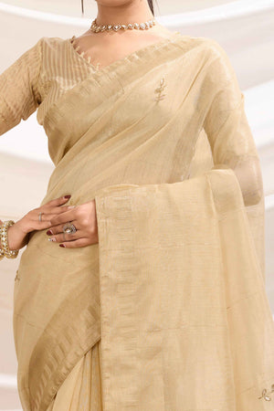 Chikoo Linen Tissue Saree With Hand-Stitched Moti & Cutdana Work