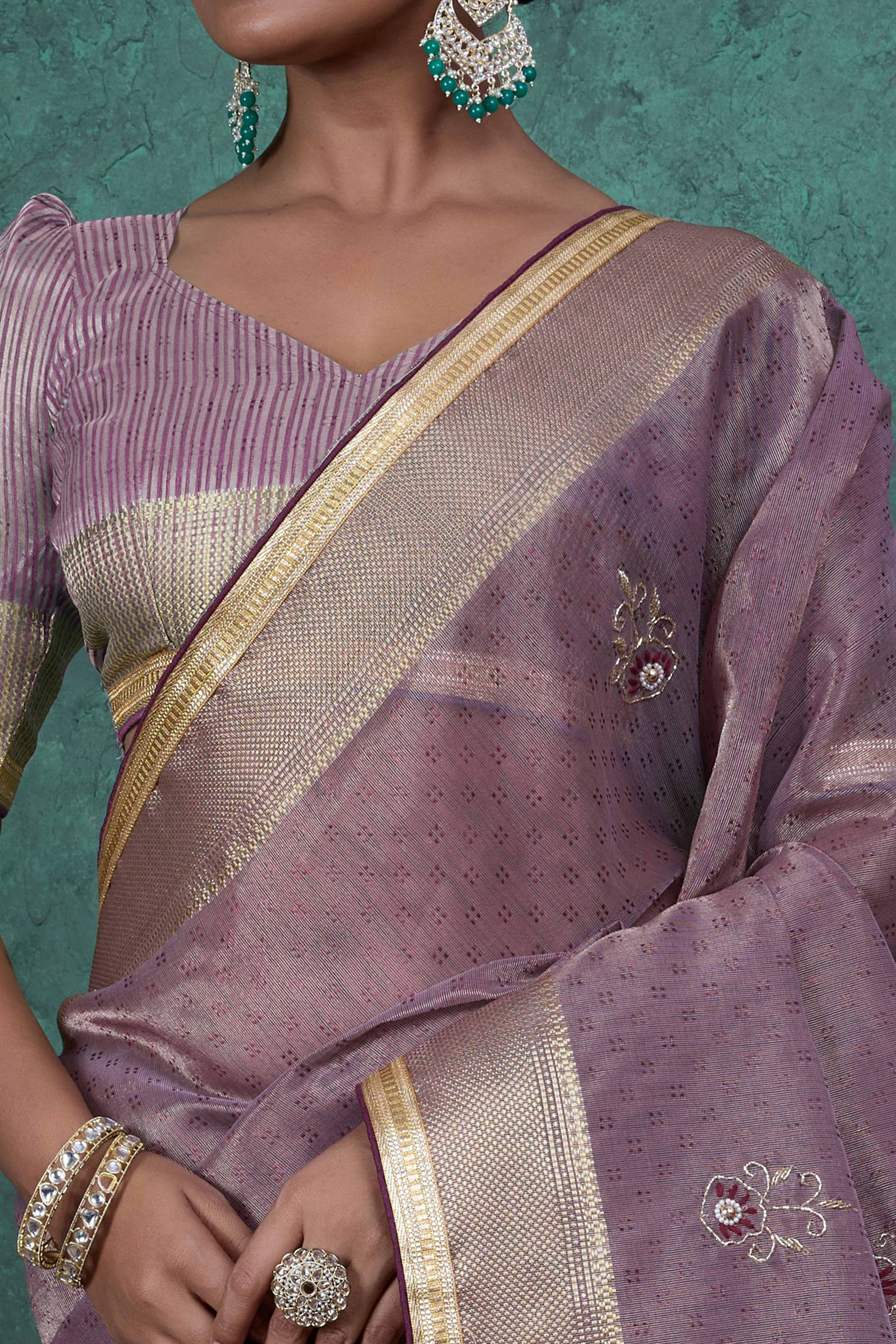 Pink Linen Tissue Saree with Hand Beads Embellishment
