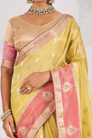 Yellow Designer Tissue Linen Woven Saree with Luxe Zari and Beads Work