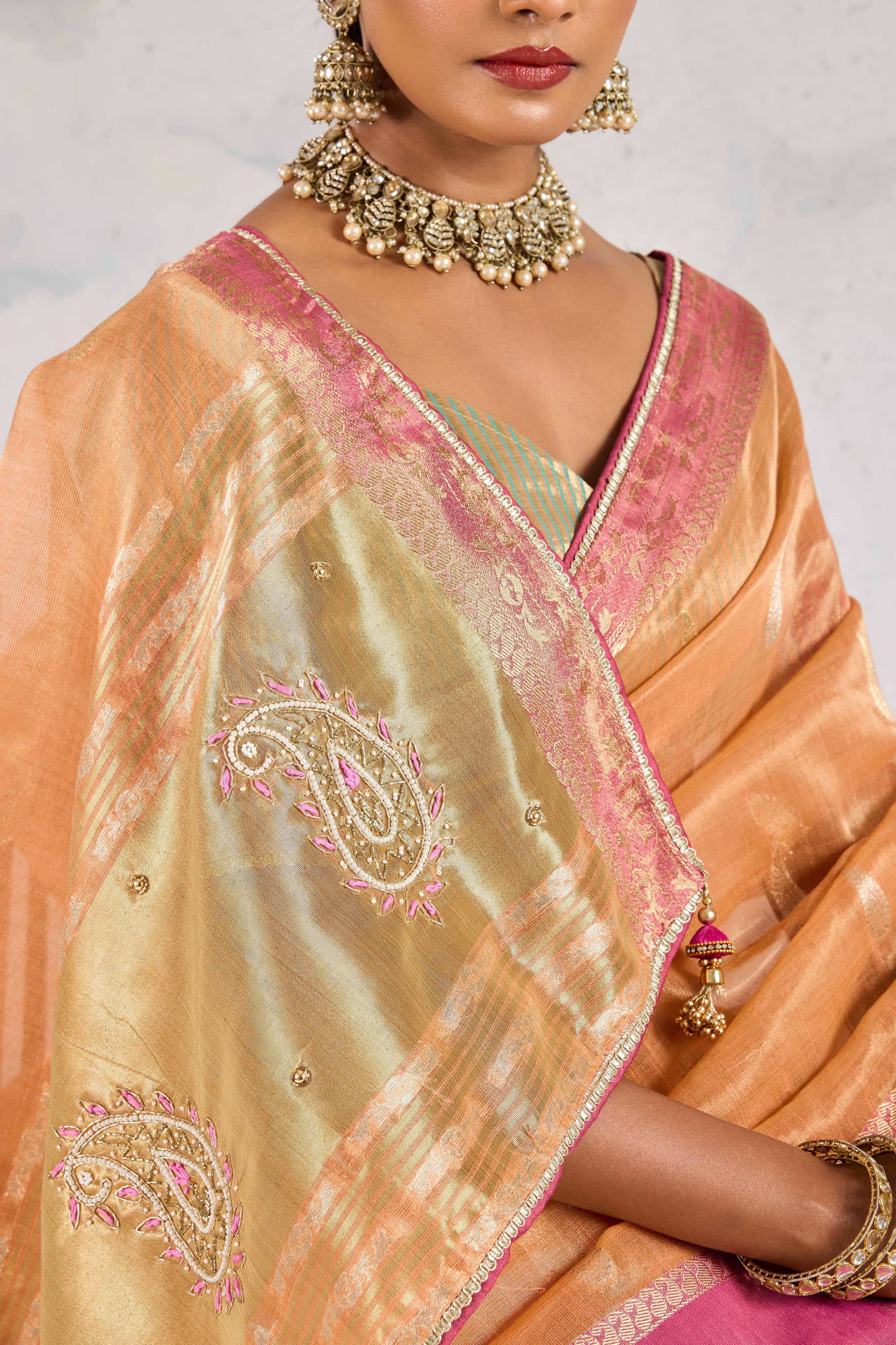 Orange Designer Tissue Linen Woven Saree with Luxe Zari and Beads Work