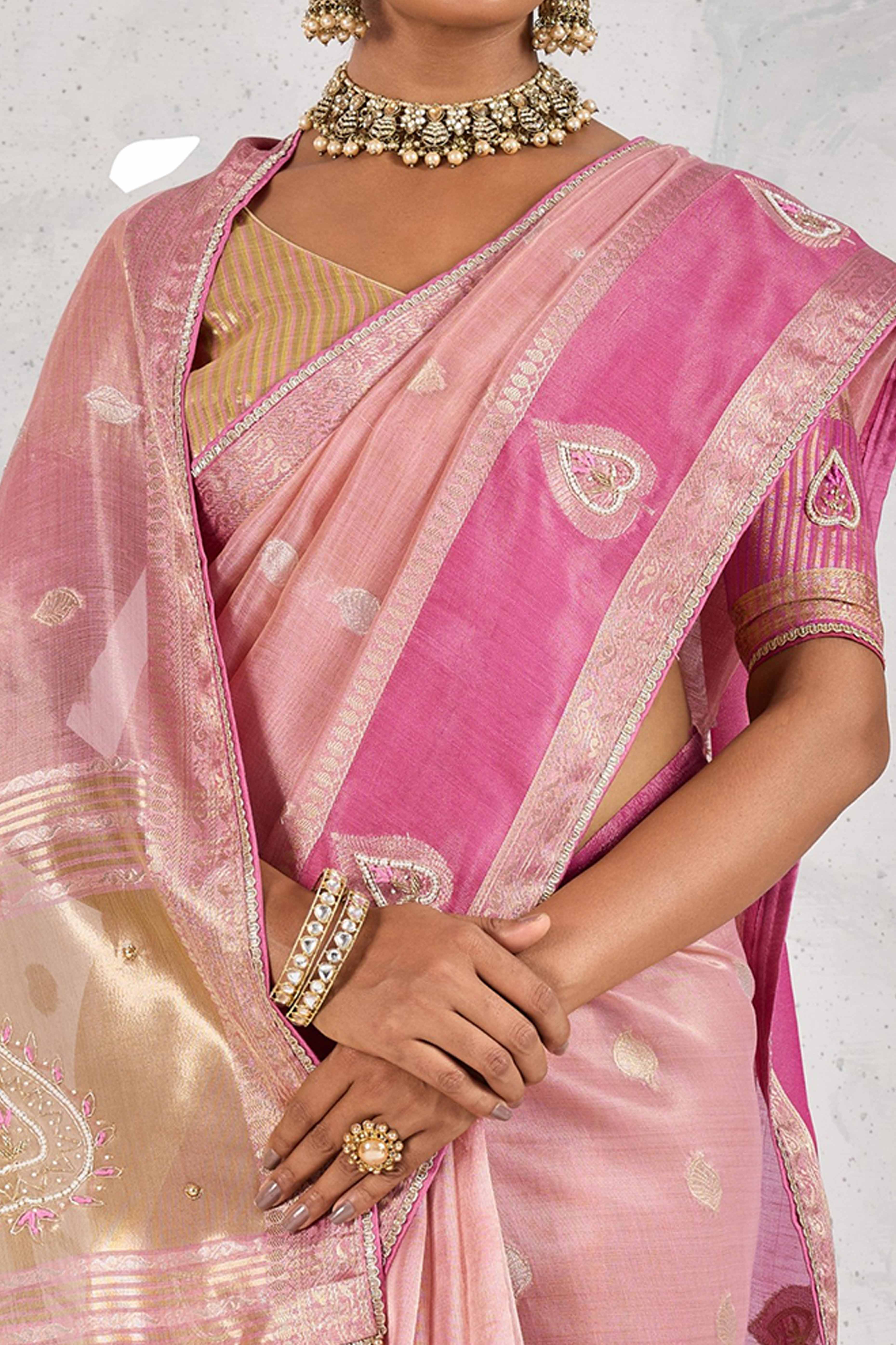 Pink Designer Tissue Linen Woven Saree with Luxe Zari and Beads Work