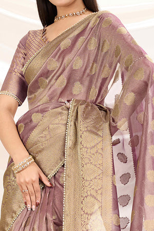 Wine Floral Woven Tissue Silk Saree With Pearl Lace & Designer Tassels