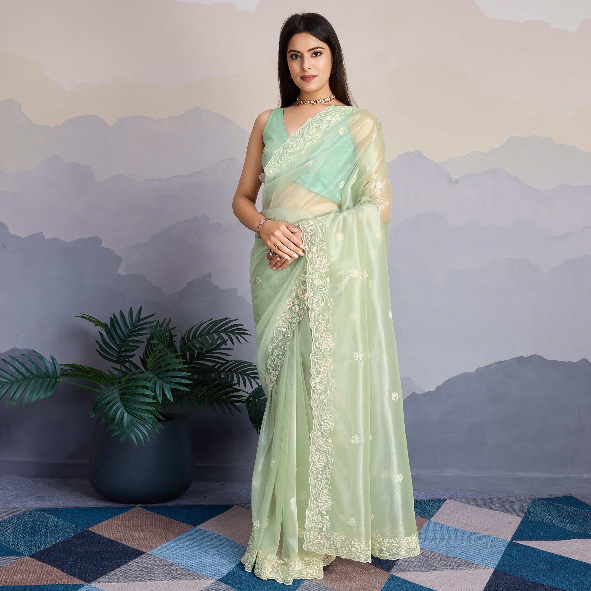 Pista Green Floral Sequins Embroidered Twill Net Saree