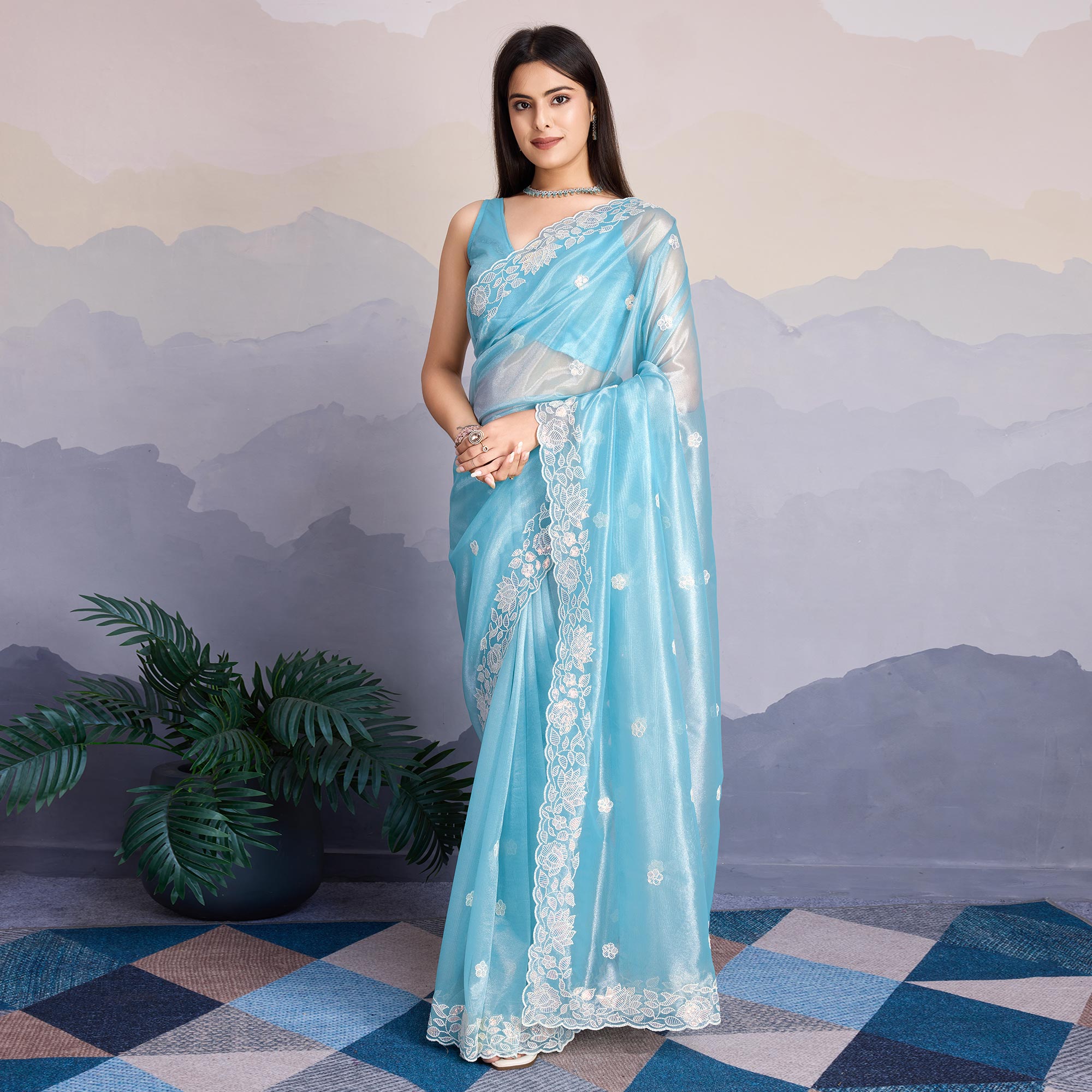 Blue Floral Sequins Embroidered Twill Net Saree