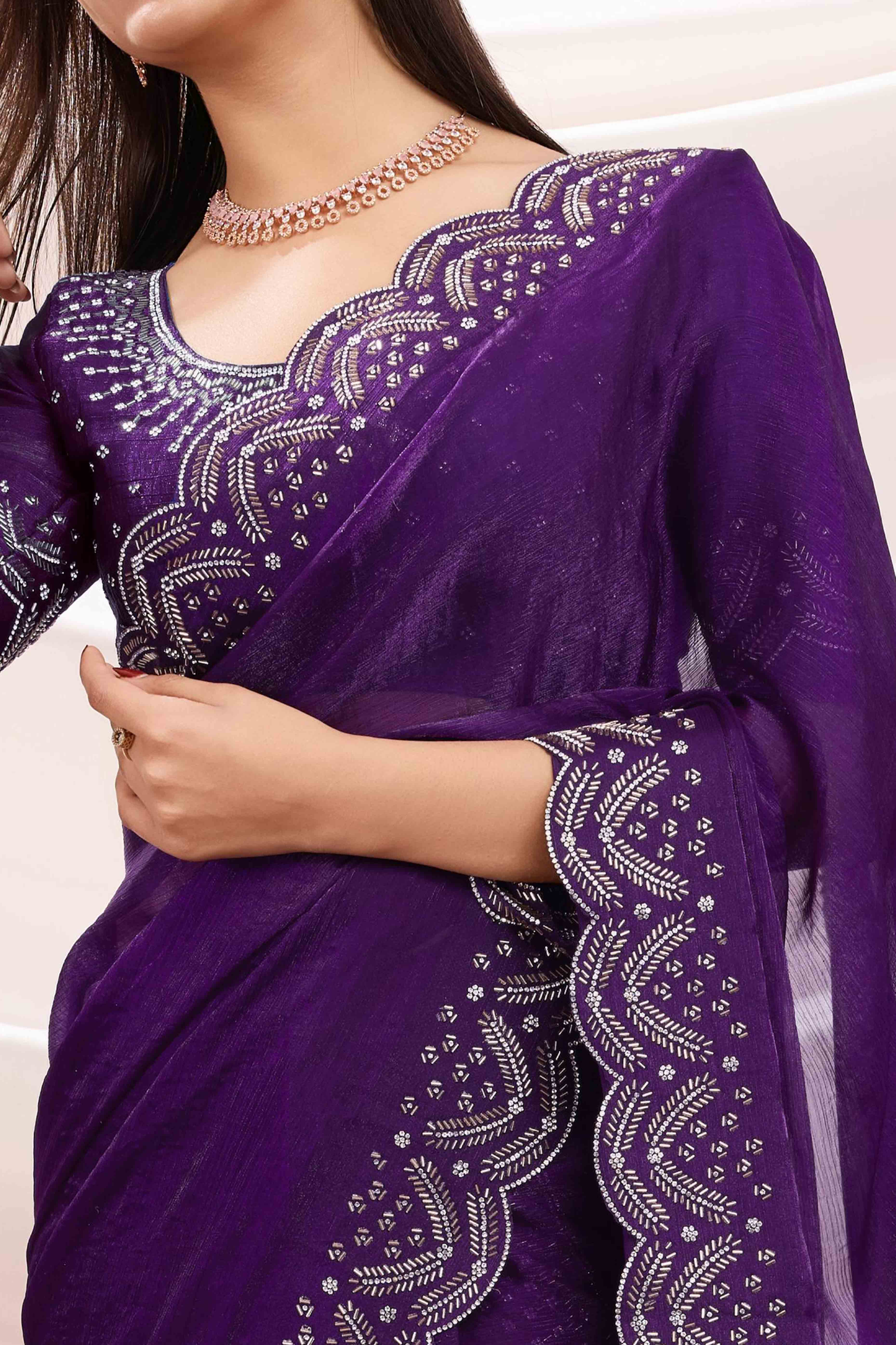Purple Stone Work Embroidered Velvet Chiffon Saree
