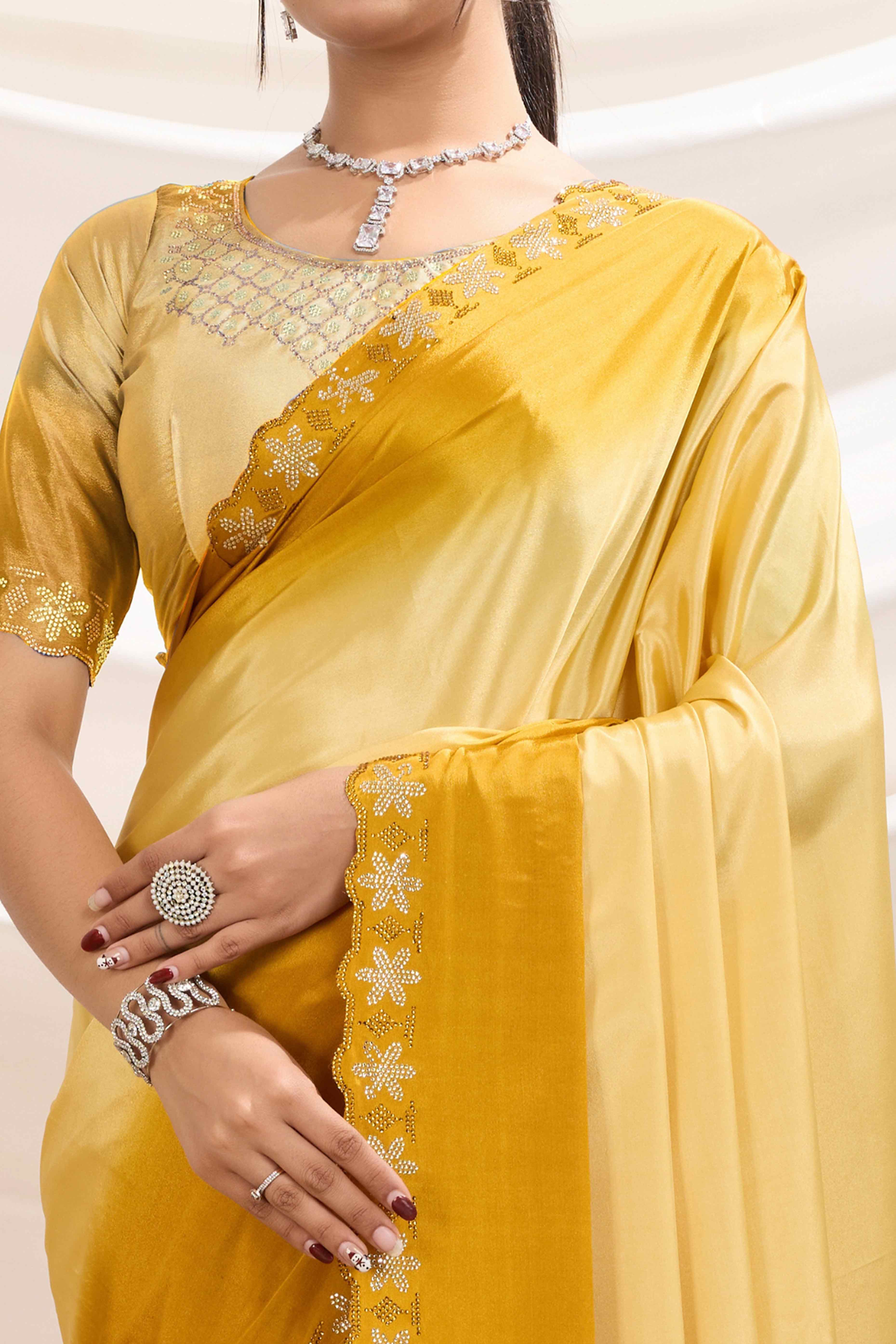 Gold Two Tone Ombre Crepe Saree With Exquisite Floral Stonework