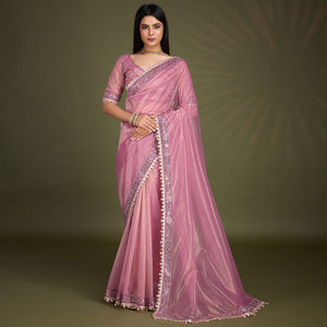 Onion Pink Sequins Embroidery With Mirror Handwork Twill Net Saree