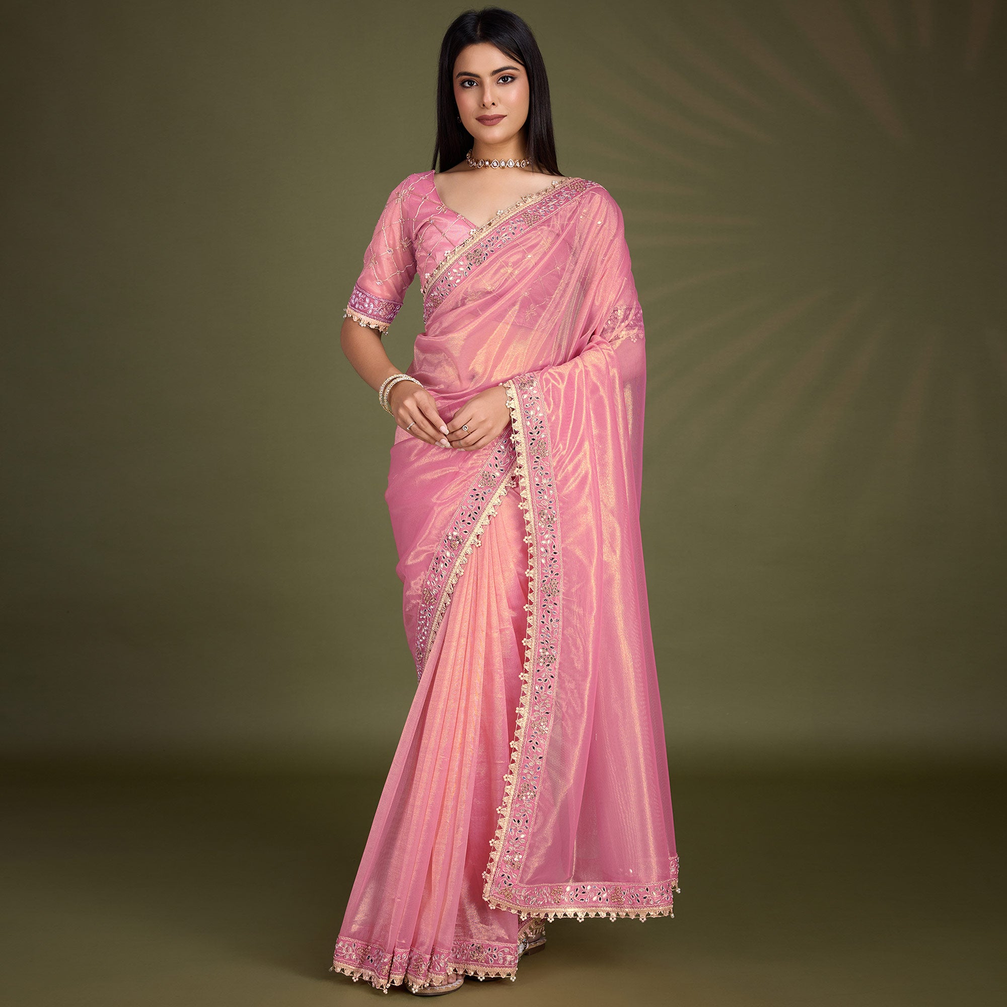 Light Pink Sequins Embroidery With Mirror Handwork Twill Net Saree