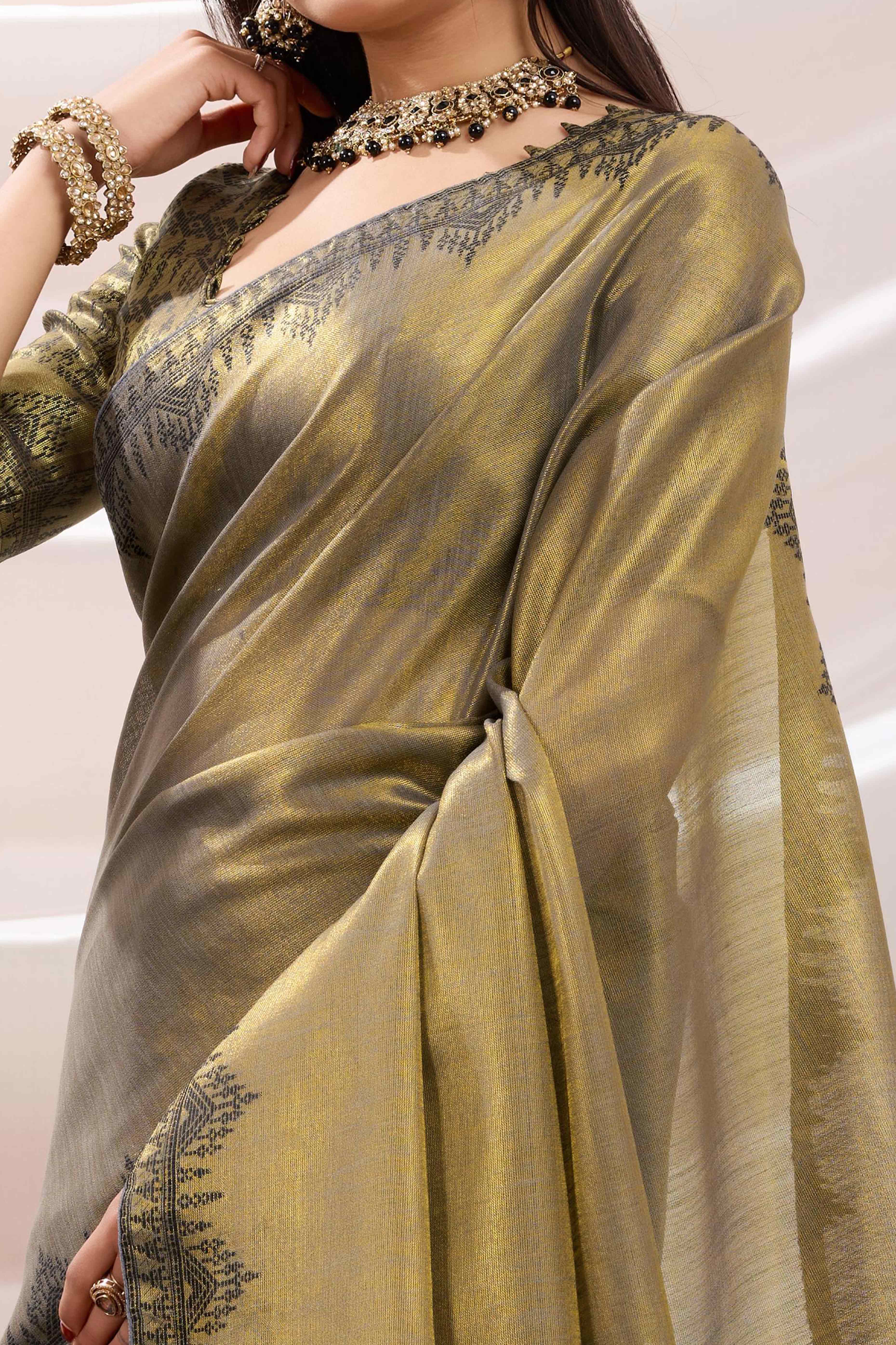 Dusty Green Festive Linen Tissue Saree with Zari Borders