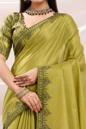 Green Festive Linen Tissue Saree with Zari Borders