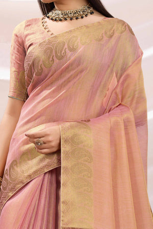 Pink Festive Linen Tissue Saree with Zari Borders