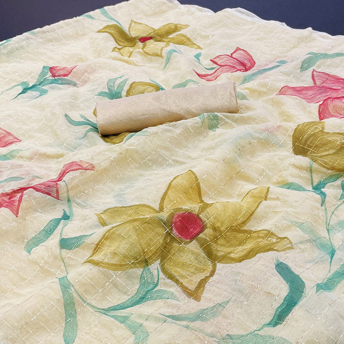 Yellow Hand Printed With Zari Woven Cotton Blend Saree