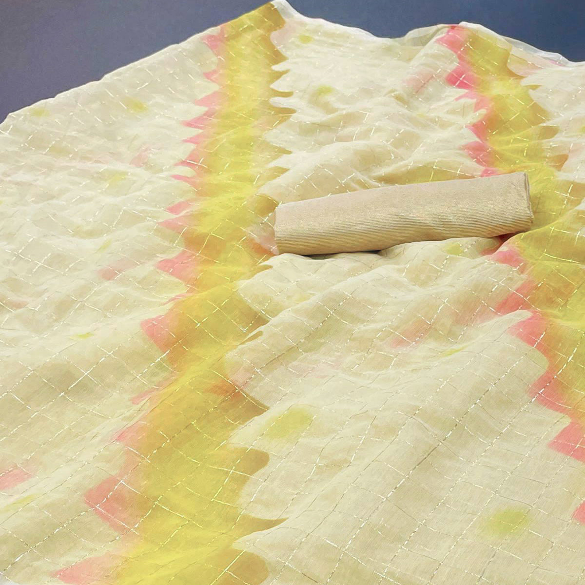 Yellow Hand Printed With Zari Woven Cotton Blend Saree