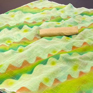 Green Hand Printed With Zari Woven Cotton Blend Saree