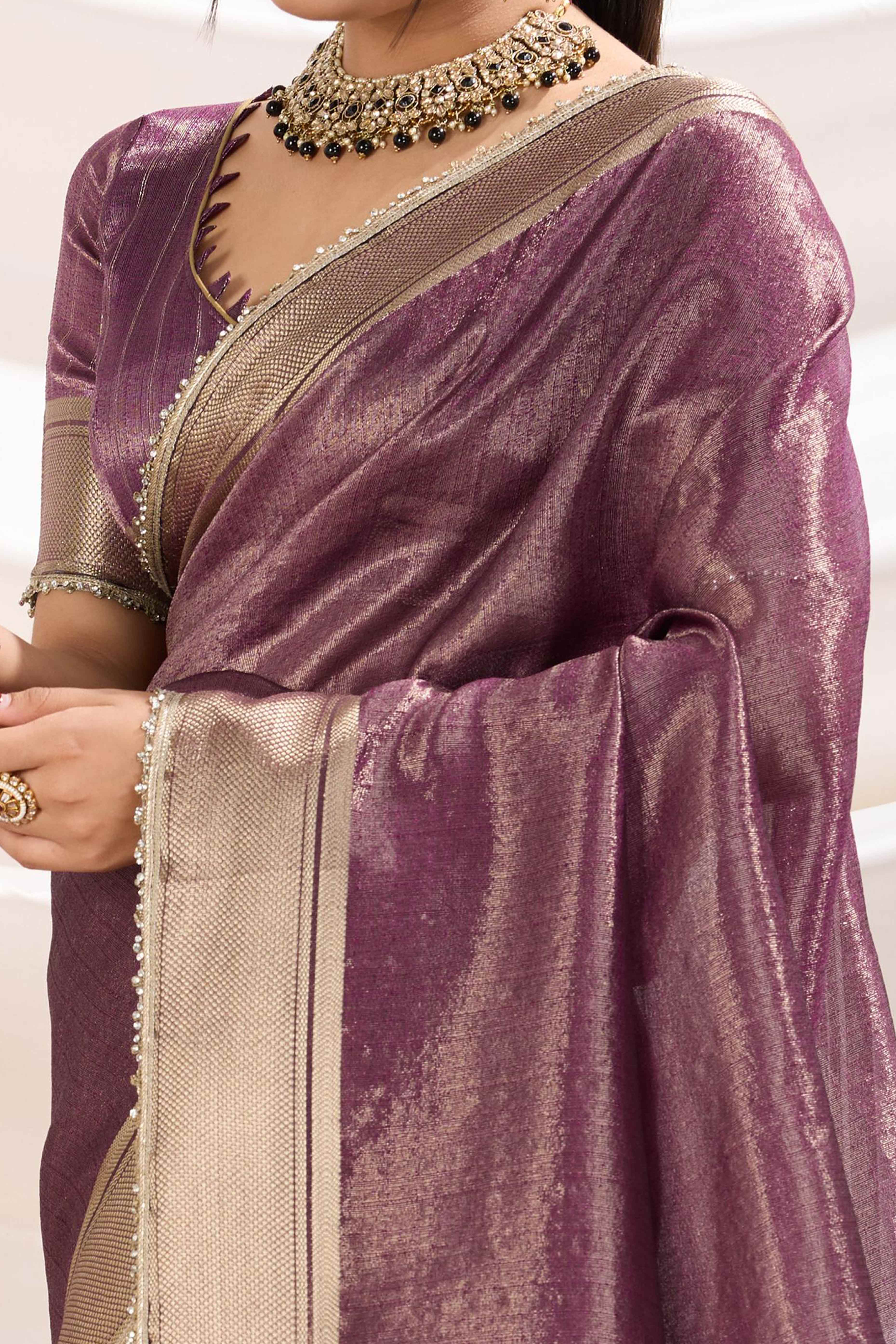 Purple Solid Linen Tissue Saree With Weaving & Zarkan Lace Border