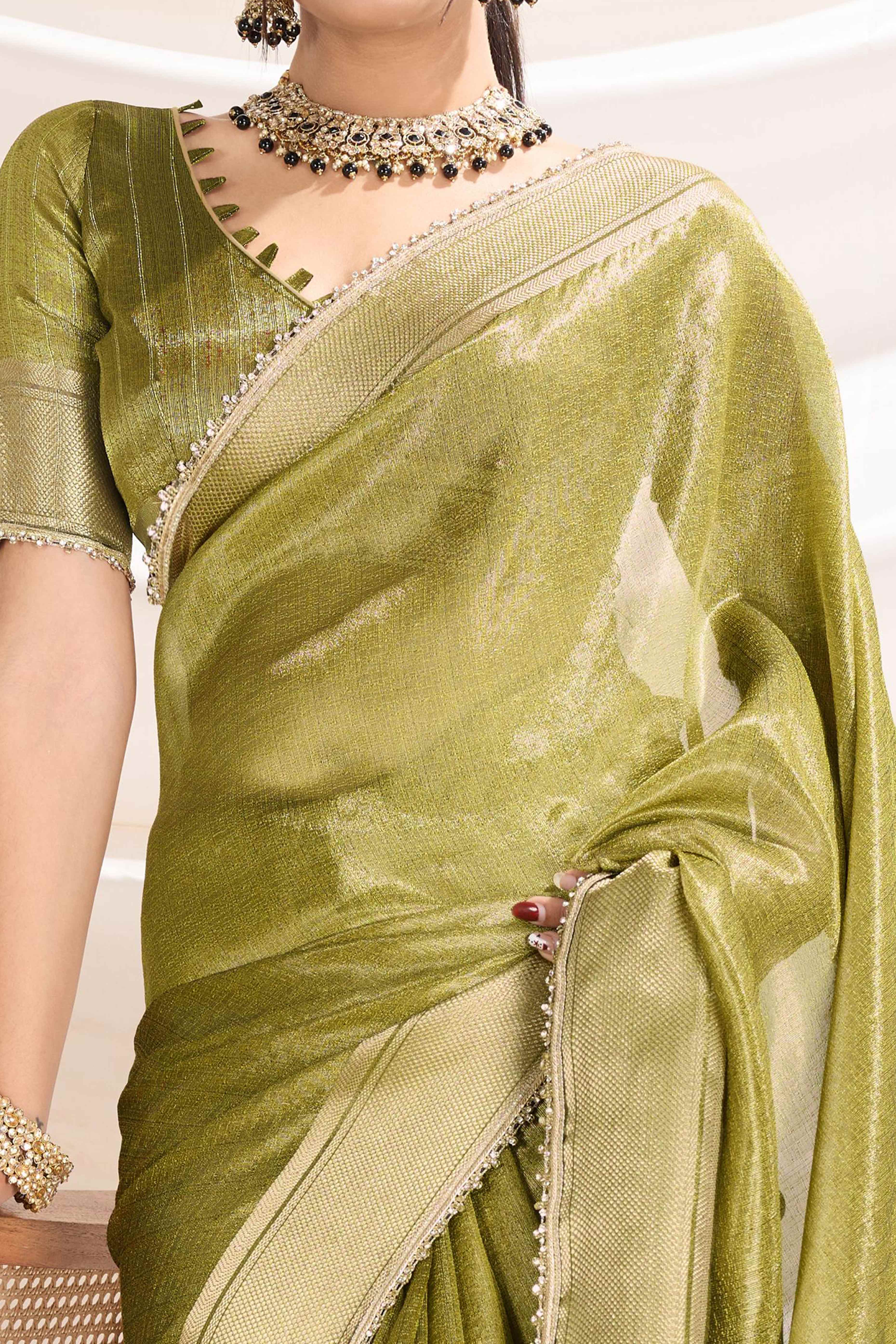 Green Solid Linen Tissue Saree With Weaving & Zarkan Lace Border