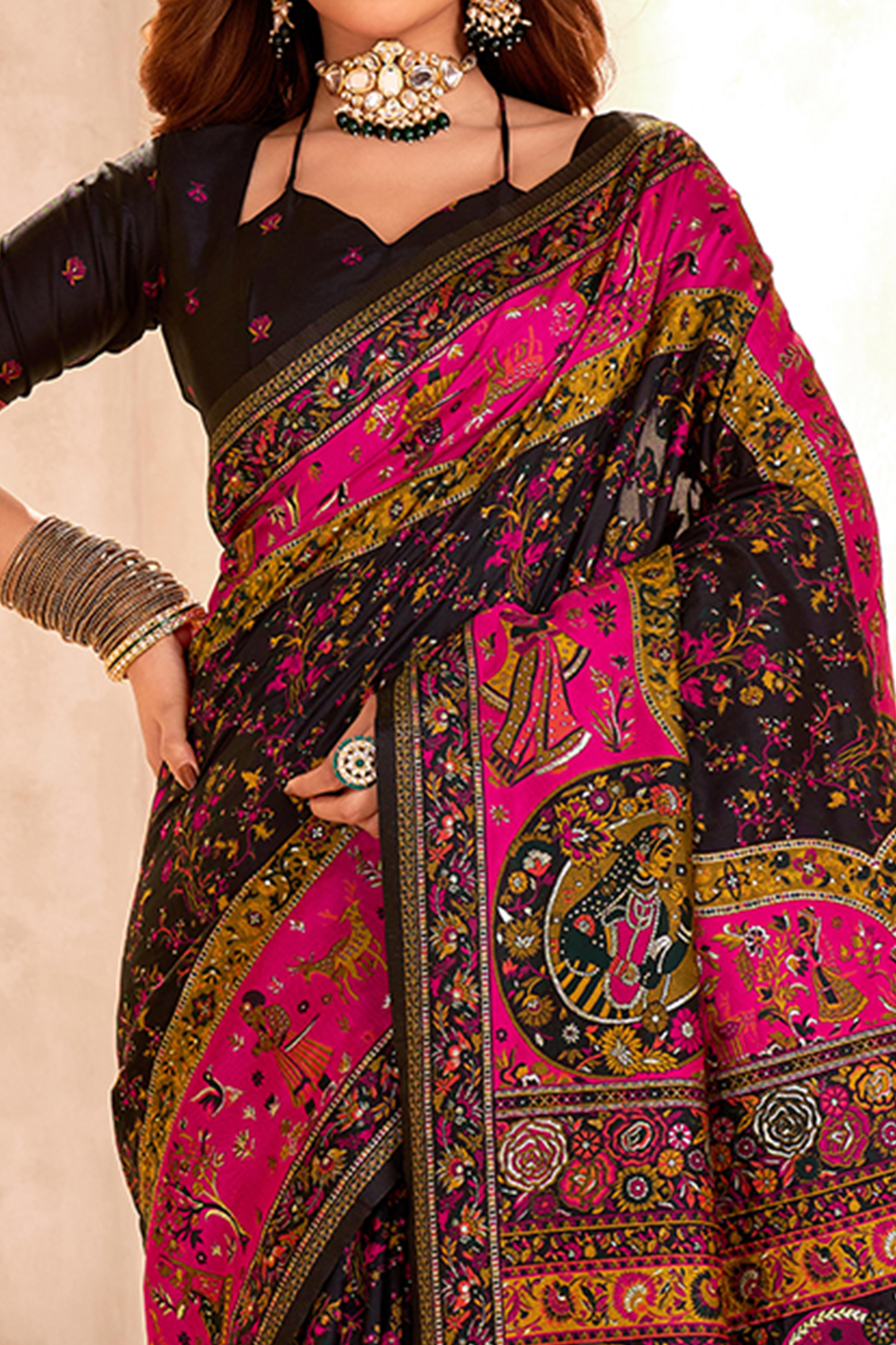 Traditional Black Rajwadi Weaving Pashmina Silk Saree With Kashmiri Pallu & Elegant Zari Border