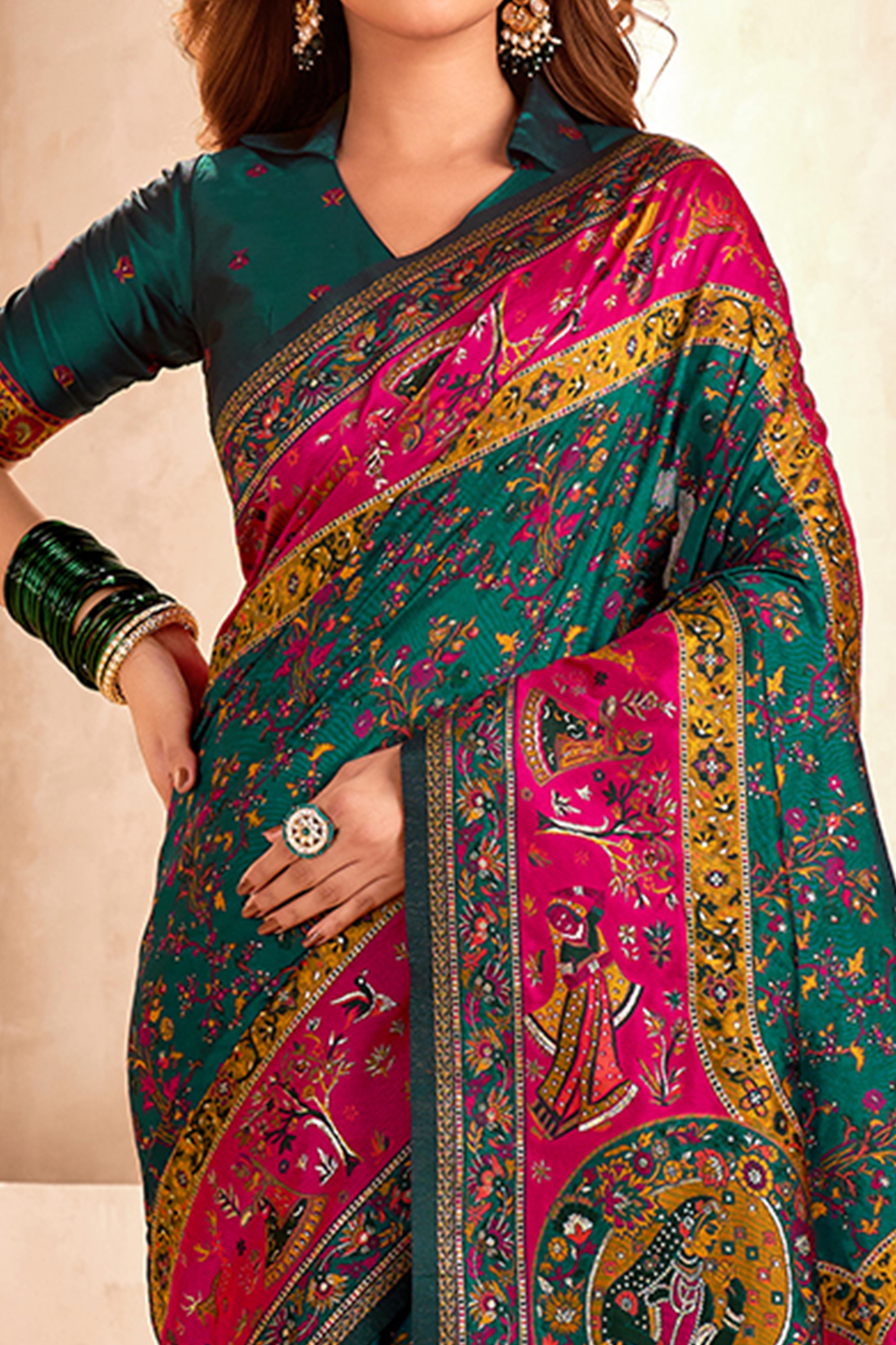 Traditional Green Rajwadi Weaving Pashmina Silk Saree With Kashmiri Pallu & Elegant Zari Border