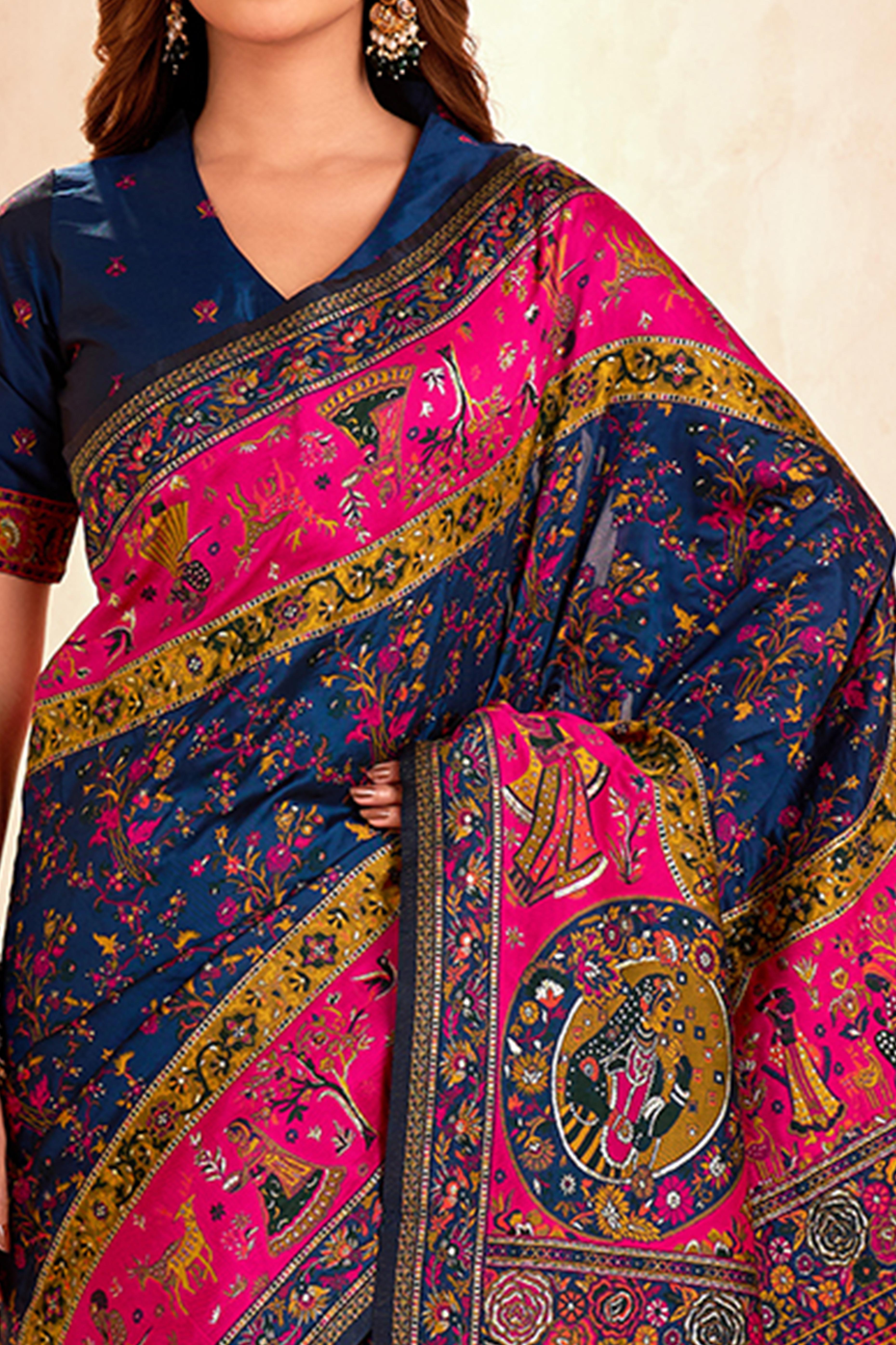 Traditional Navy Blue Rajwadi Weaving Pashmina Silk Saree With Kashmiri Pallu & Elegant Zari Border