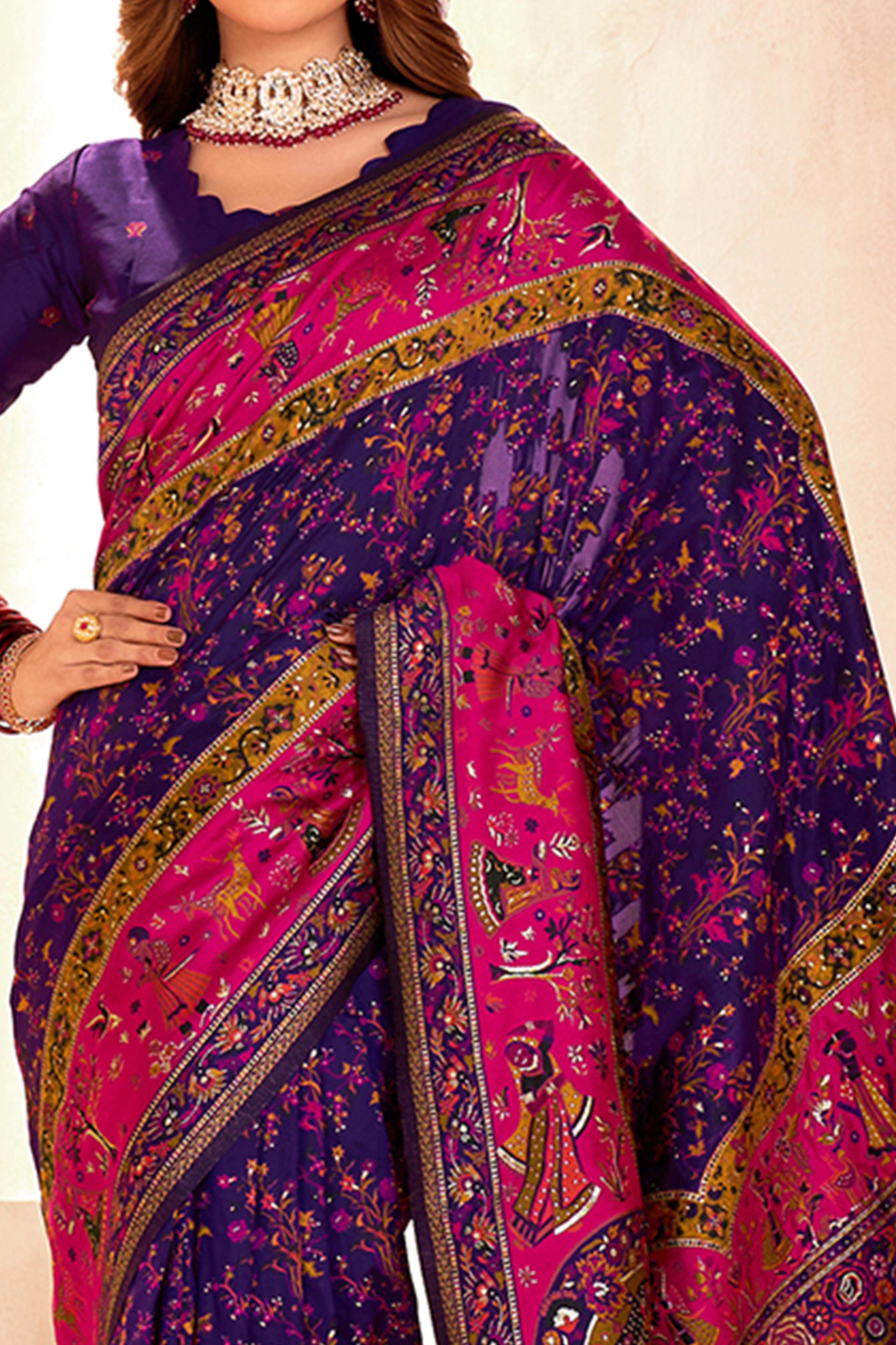 Traditional Purple Rajwadi Weaving Pashmina Silk Saree With Kashmiri Pallu & Elegant Zari Border