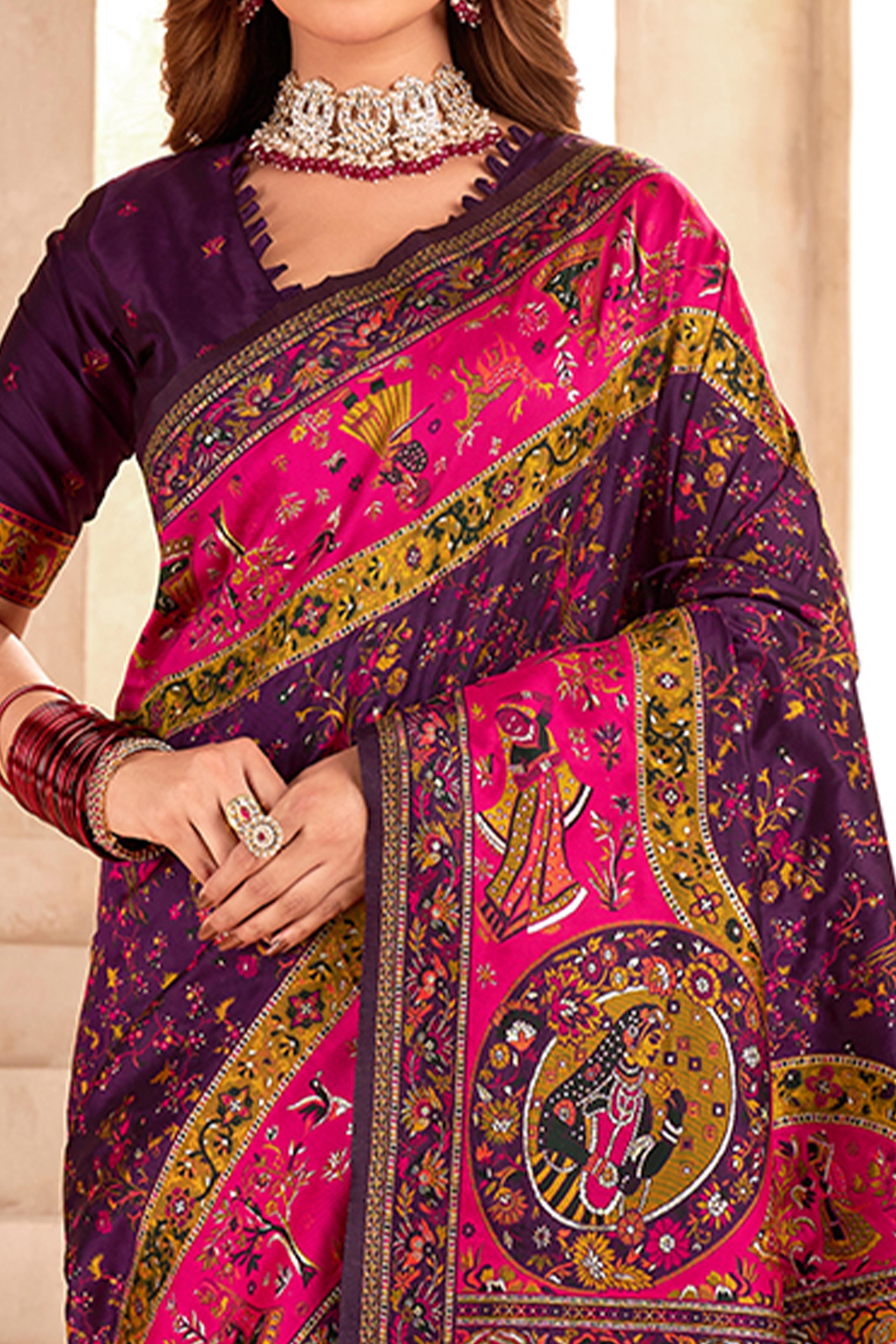 Traditional Wine Rajwadi Weaving Pashmina Silk Saree With Kashmiri Pallu & Elegant Zari Border