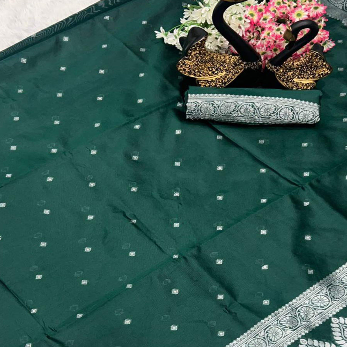 Exquisite Green Floral Woven Lichi Banarasi Silk Saree With Tassel & Artisanal Weaving