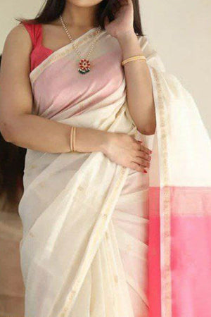 Zari Butti Woven White Soft Linen Cotton Saree for Festive Grace and Charm