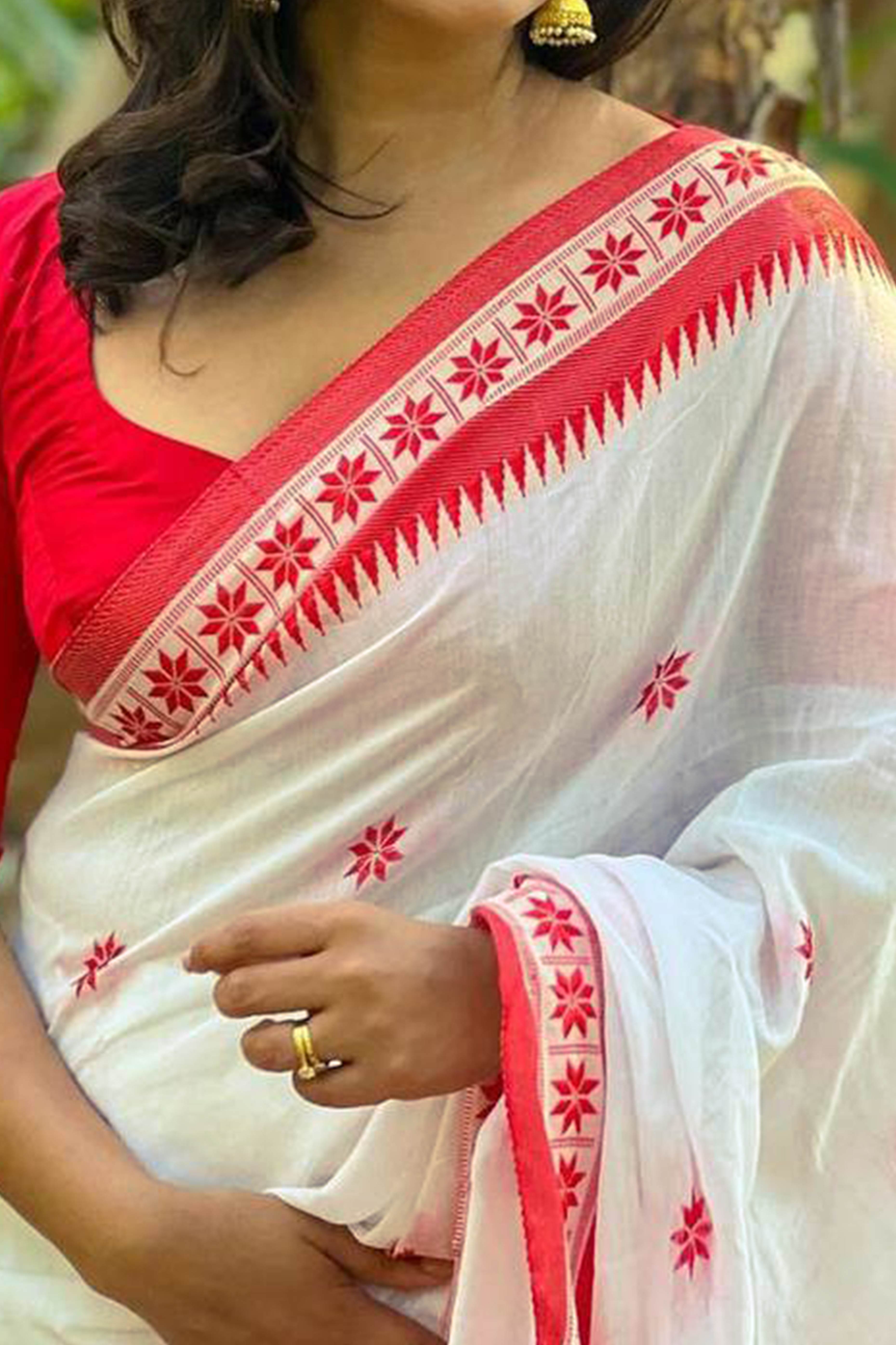 White Traditional Weaving Linen Saree Ideal for Durga Pooja and Spiritual Occasions