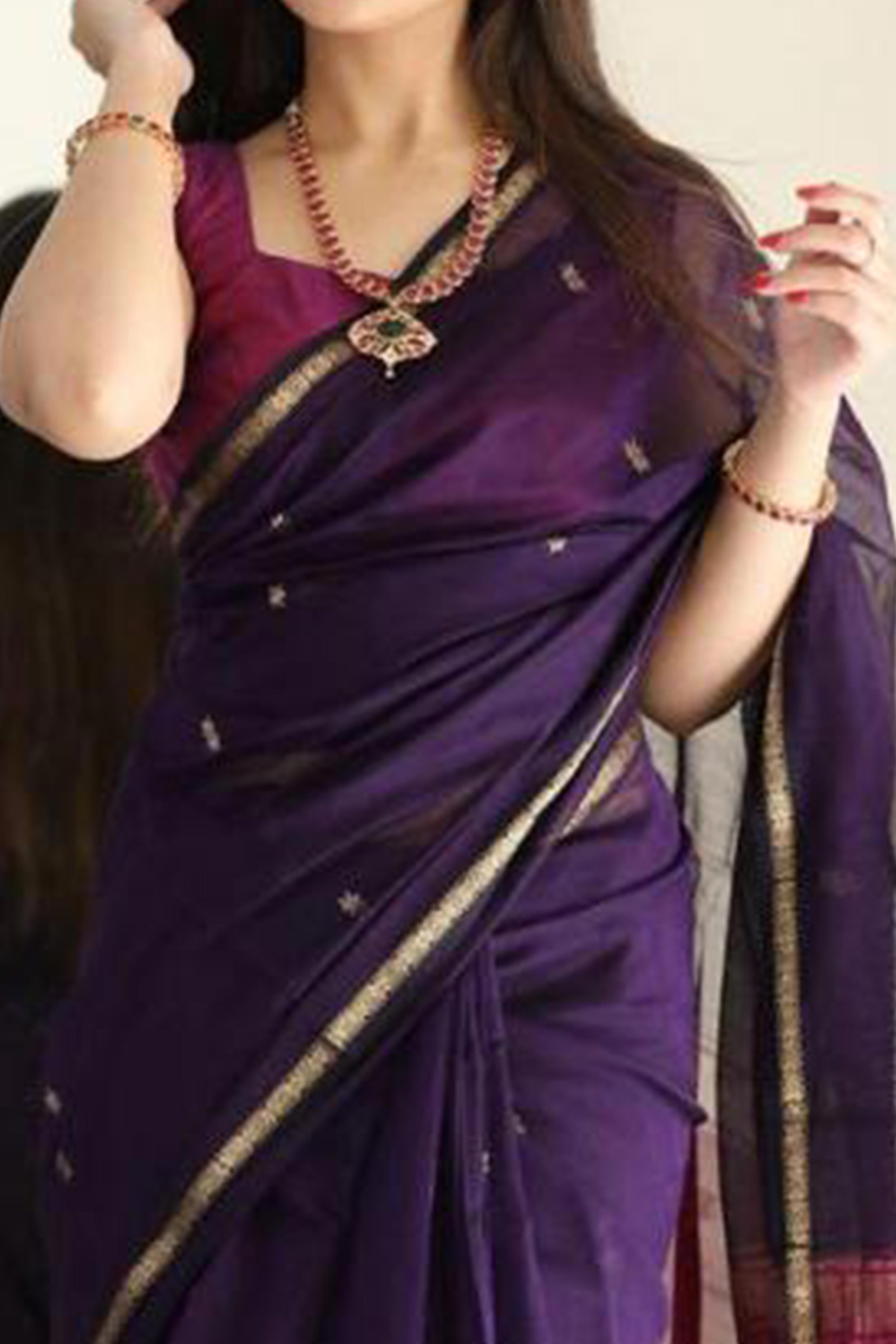 Deep Purple Zari Woven Butti Saree in Breathable and Elegant Linen Cotton Fabric