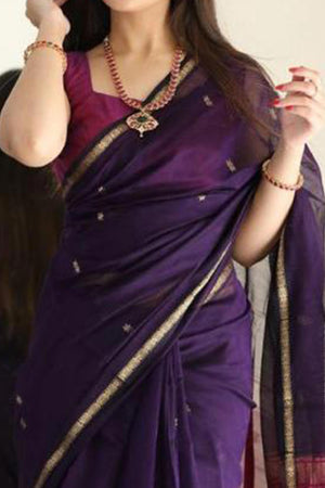 Deep Purple Zari Woven Butti Saree in Breathable and Elegant Linen Cotton Fabric