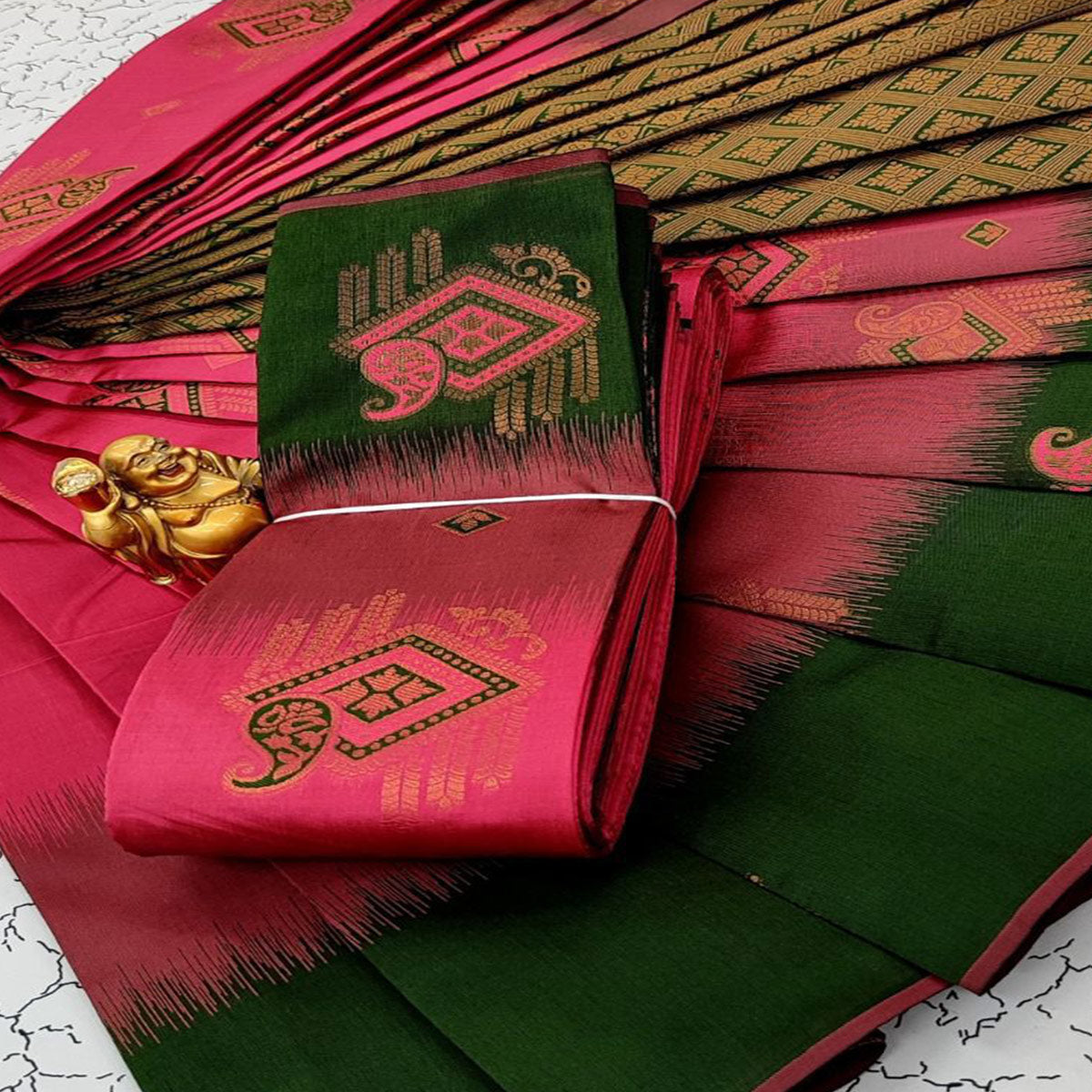 Gajri Pink & Green Classic Tissue Silk Saree with Zari Weaving