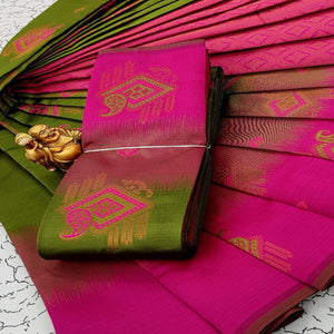 Green & Pink Classic Tissue Silk Saree with Zari Weaving
