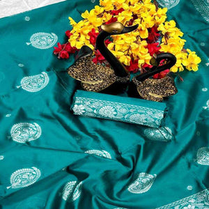 Elegant Teal Floral Zari Woven Lichi Banarasi Silk Saree With Rich Detailing