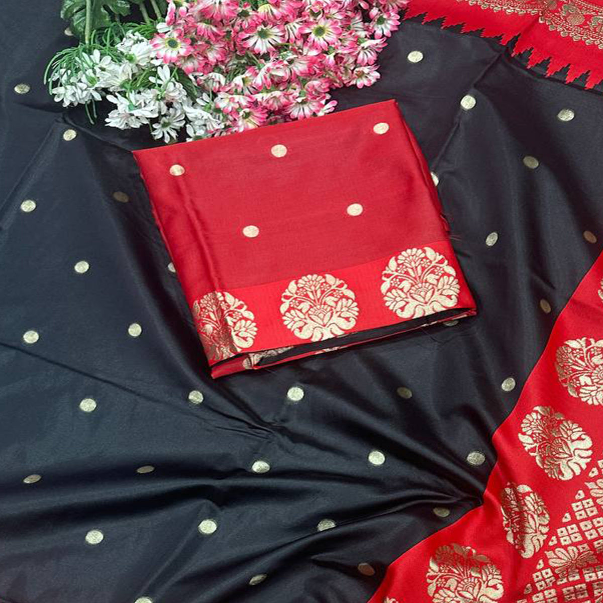 Striking Black & Red Zari Woven Lichi Banarasi Silk Saree With Tassel Accents