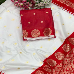 Graceful White & Red Zari Woven Lichi Banarasi Silk Saree With Tassel Accents
