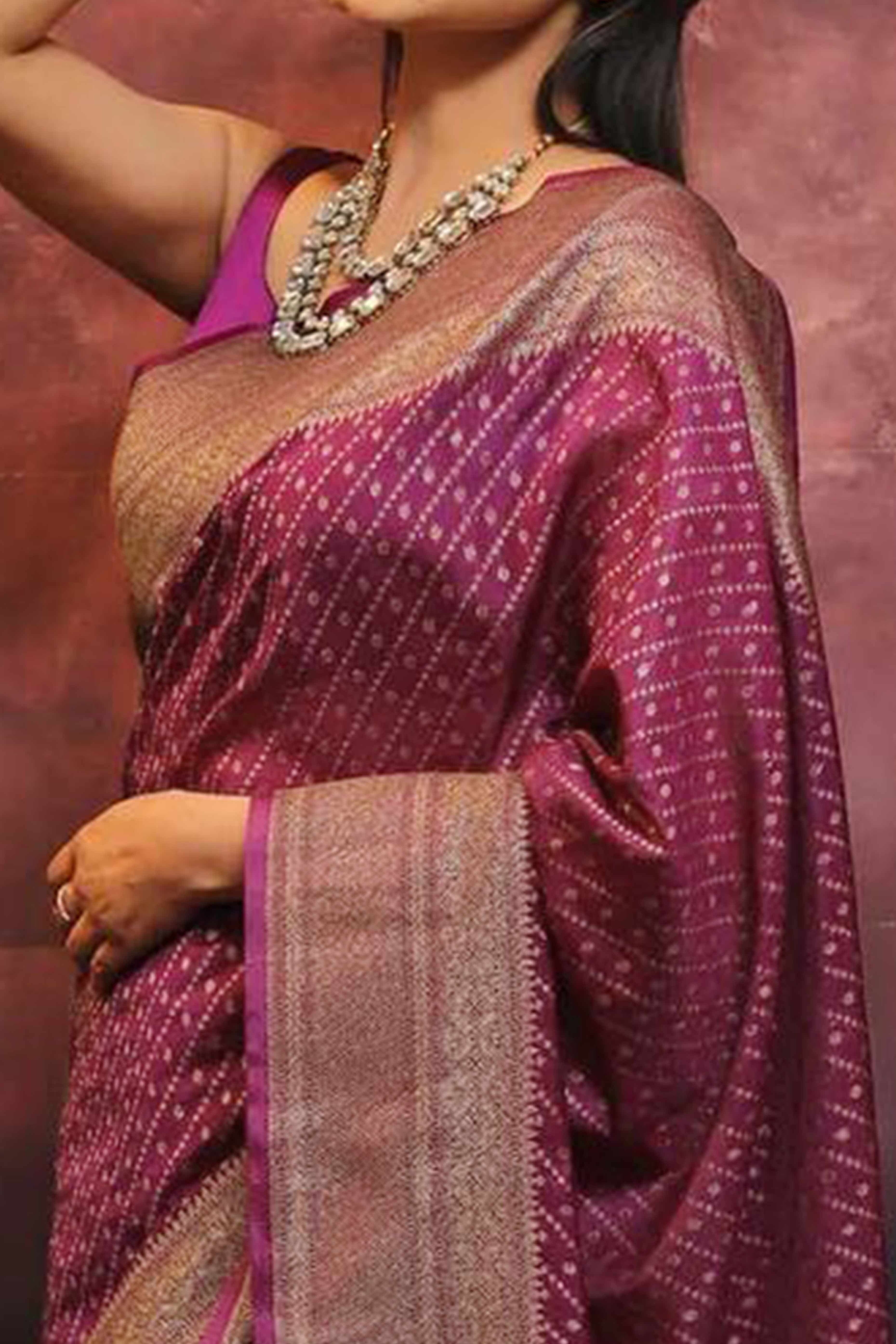Luxurious Wine Zari Woven Lichi Banarasi Silk Saree